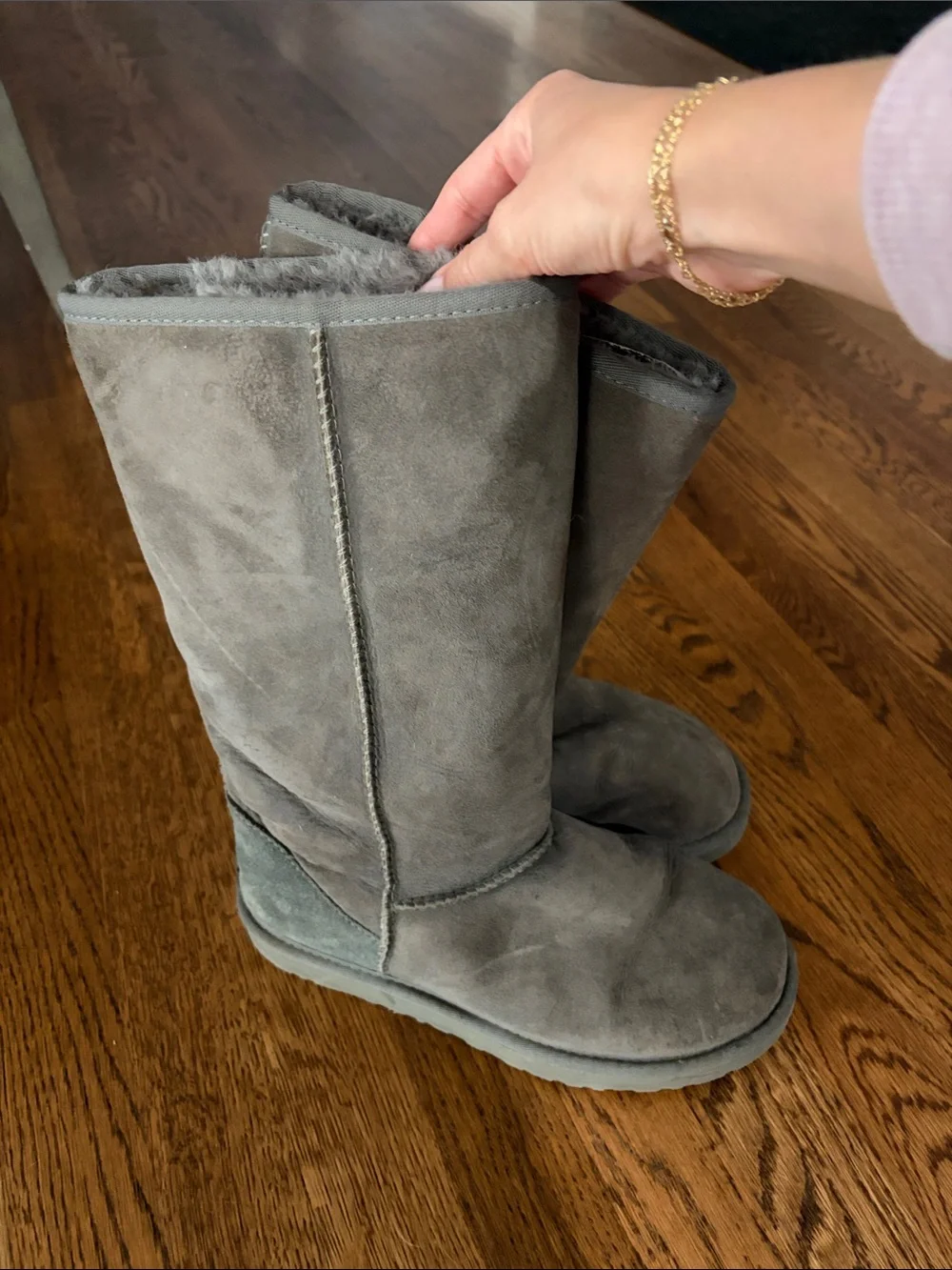 UGG Gray Suede Mid-Calf Sheepskin Boots